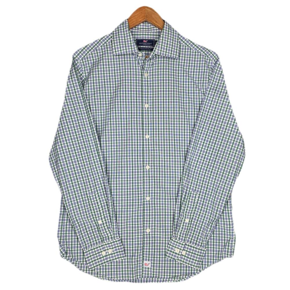 VINEYARD VINES CLASSIC FIT BURGEE SHIRT – GREEN/BLUE CHECK – MEN’S MEDIUM